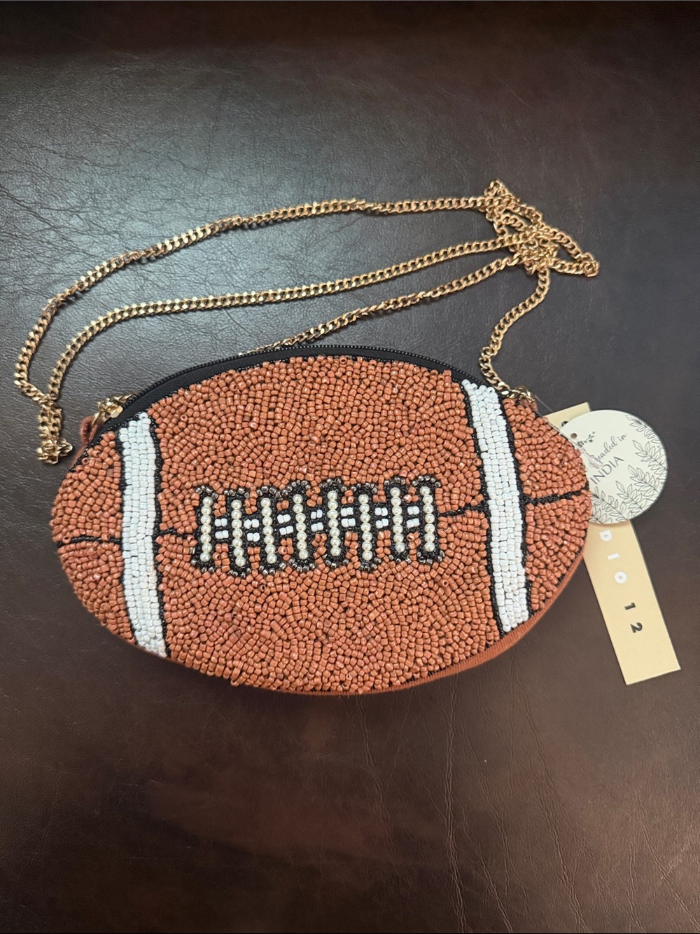 Beaded Football-Shaped Crossbody Bag in Brown